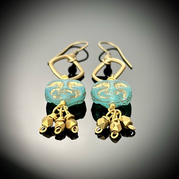 Blue Czech Glass Moon Face w/Brass Dangles, Handmade Artisan Celestial Earrings - Picture 4 of 12